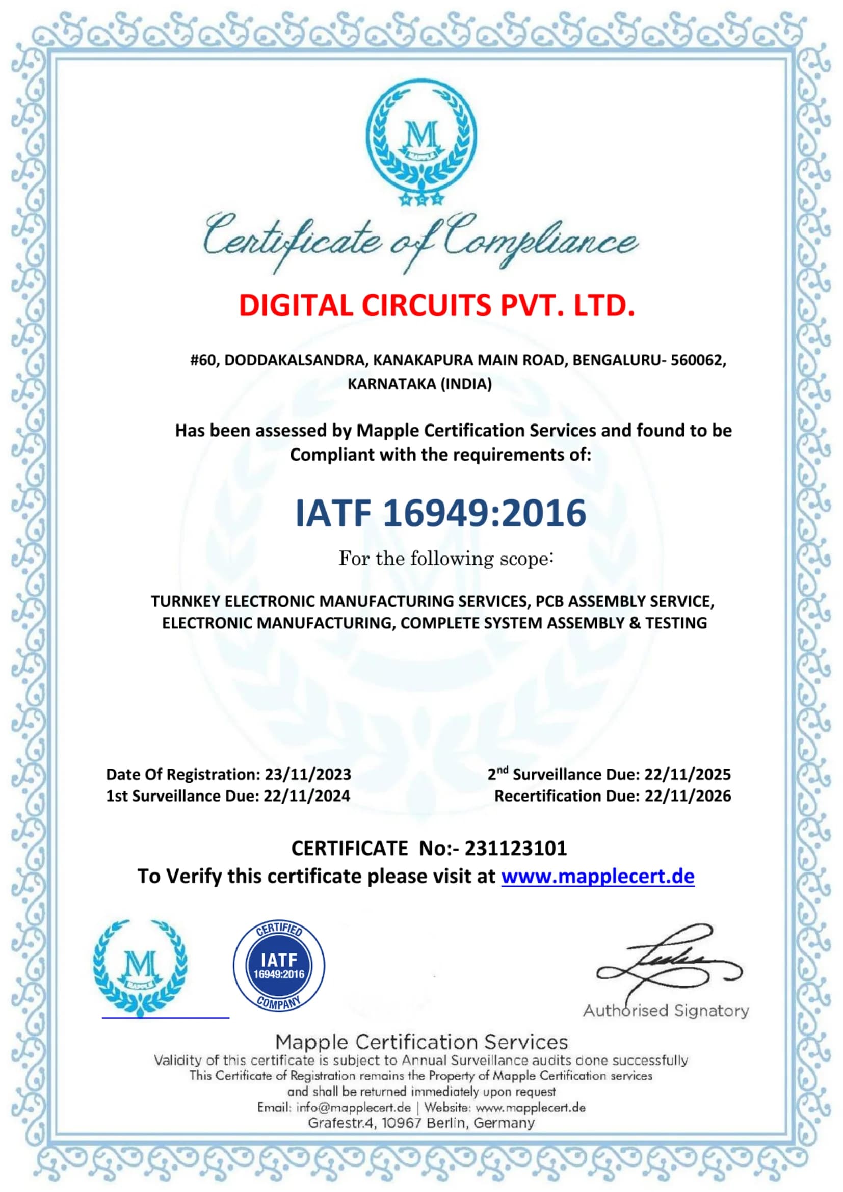 IATF 16949:2016 certificate – Digital Circuits
